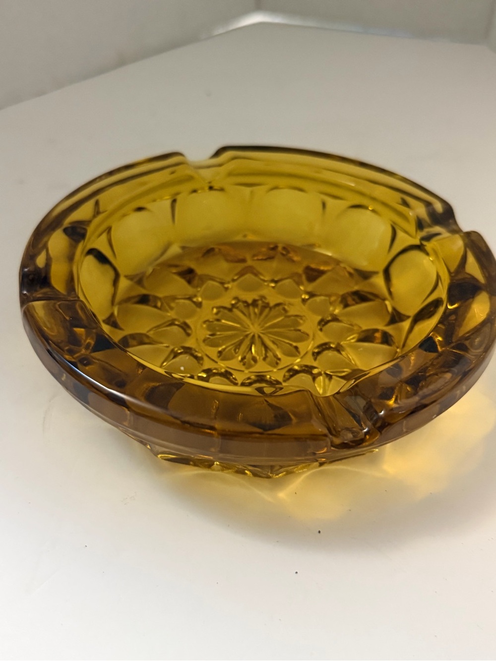 Vintage Anchor Hocking Amber Glass Ashtray - Starburst Pressed Pattern